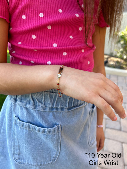 Gold Baby ID Bracelet 14k – Custom Name Plate - Raised Lettering - Rolo Chain with Lady Bugs