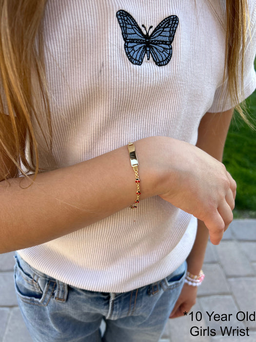 Gold Baby ID Bracelet 14k – Custom Name Plate - Raised Lettering - Rolo Chain with Lady Bugs