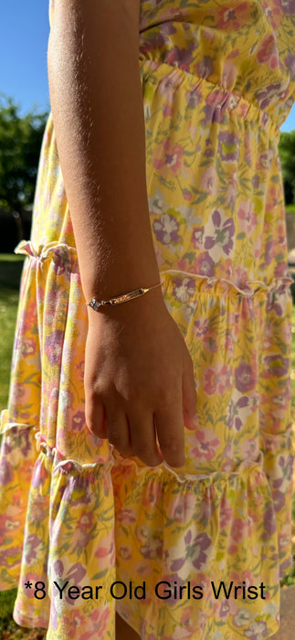 Gold Baby ID Bracelet 14k – Custom Name Plate with Four Leaf Clover - Raised Lettering - Rolo Chain