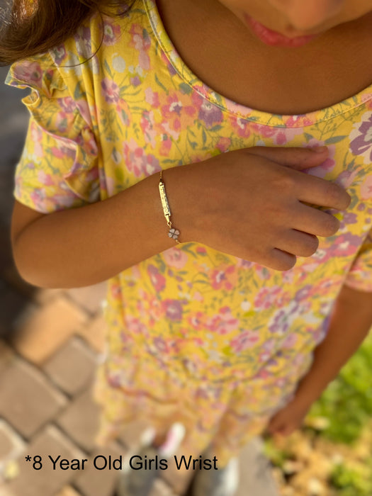Gold Baby ID Bracelet 14k – Custom Name Plate with Four Leaf Clover - Raised Lettering - Rolo Chain