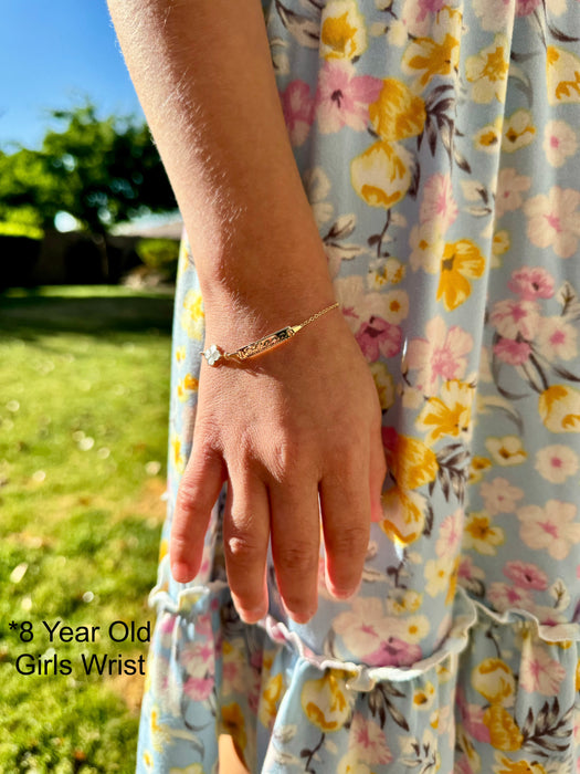 Gold Baby ID Bracelet 14k – Custom Name Plate with Four Leaf Clover - Raised Lettering - Rolo Chain