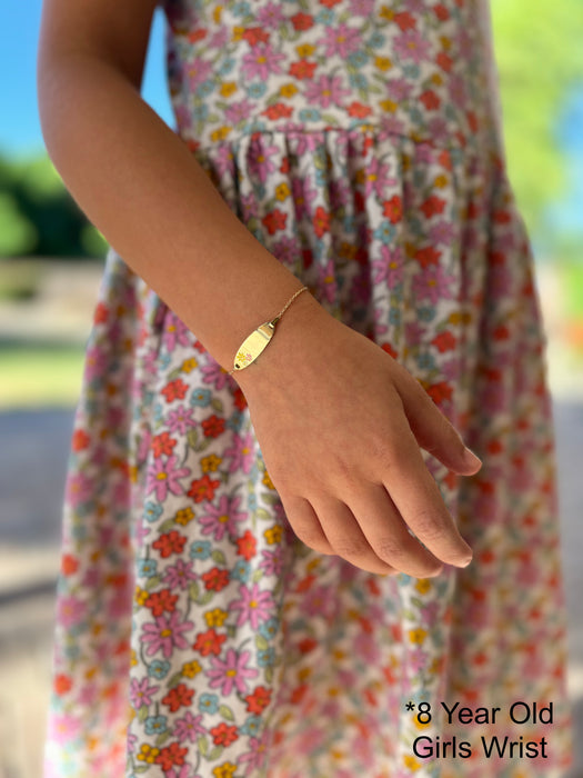 Gold Baby ID Bracelet 14k – Custom Name Plate with Colored Flowers - Raised Lettering - Rolo Chain