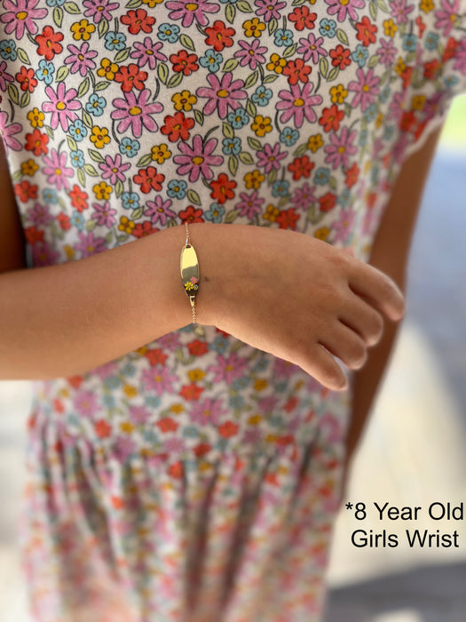 Gold Baby ID Bracelet 14k – Custom Name Plate with Colored Flowers - Raised Lettering - Rolo Chain