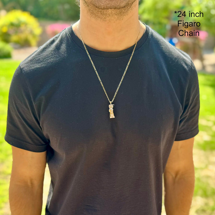 14k Gold Santa Muerte Necklace - 3D Full Body Gemstone Halo Santa Muerte Gold Pendant - Solid Chain - LE3010