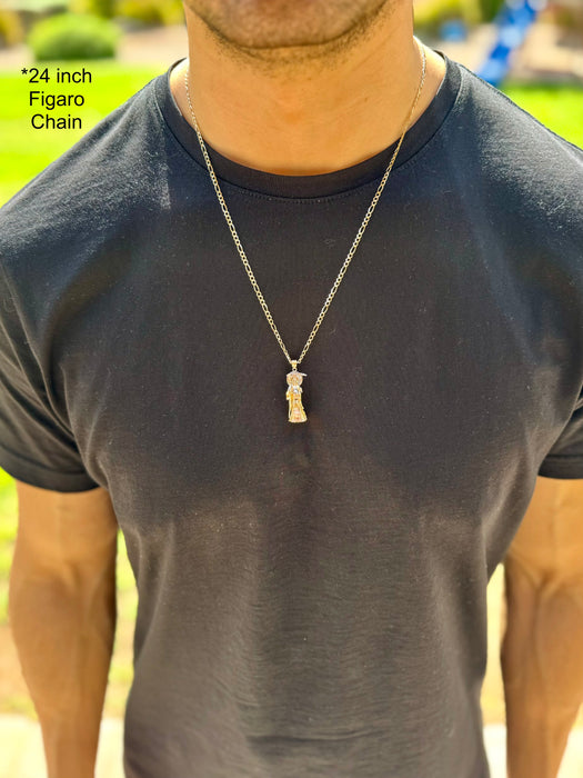14k Gold Santa Muerte Necklace - 3D Full Body Gemstone Halo Santa Muerte Gold Pendant - Solid Chain - LE3010