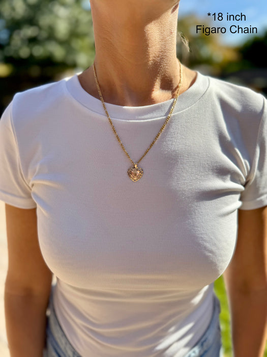 14k Gold Virgin Mary Necklace - Two Tone Heart Gemstone Virgin Mary Gold Pendant - Solid Chain - LE2296