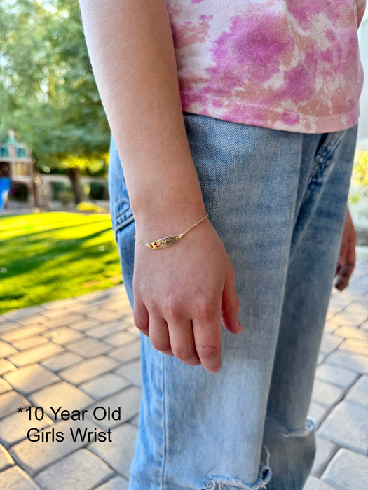 Gold Baby ID Bracelet 14k – Custom Name Plate with Cross - Raised Lettering - Solid Rolo Chain