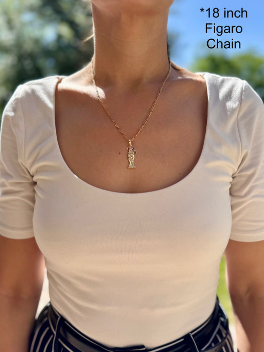 14k Gold Santa Muerte Necklace - Tri Tone Diamond Cut Santa Muerte Gold Pendant - Solid Chain - LE0097