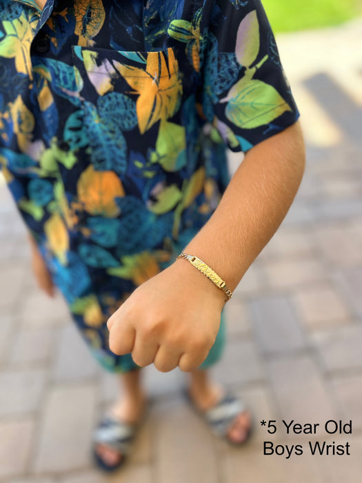 Gold Baby ID Bracelet 14k – Custom Name Plate - Raised Lettering - Wide Diamond Cut Figaro Chain