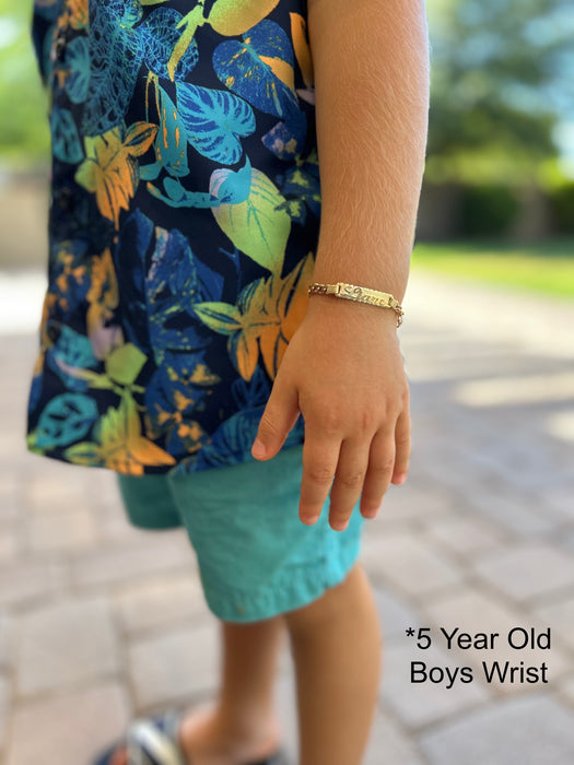 Gold Baby ID Bracelet 14k – Custom Name Plate - Raised Lettering - Wide Diamond Cut Figaro Chain