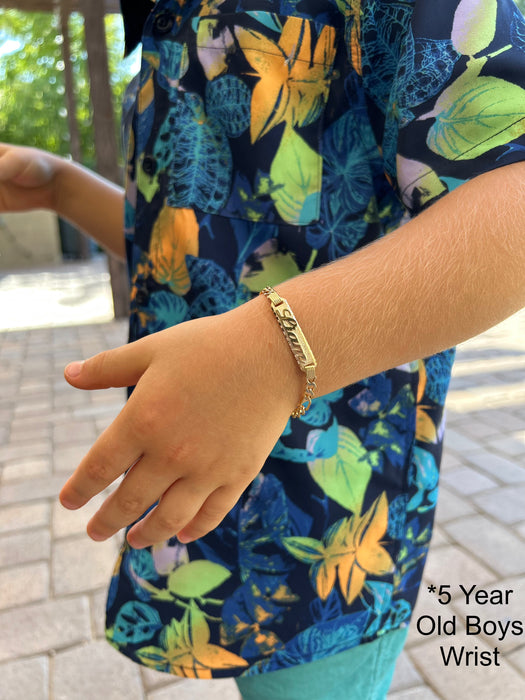 Gold Baby ID Bracelet 14k – Custom Name Plate - Raised Lettering - Wide Diamond Cut Figaro Chain