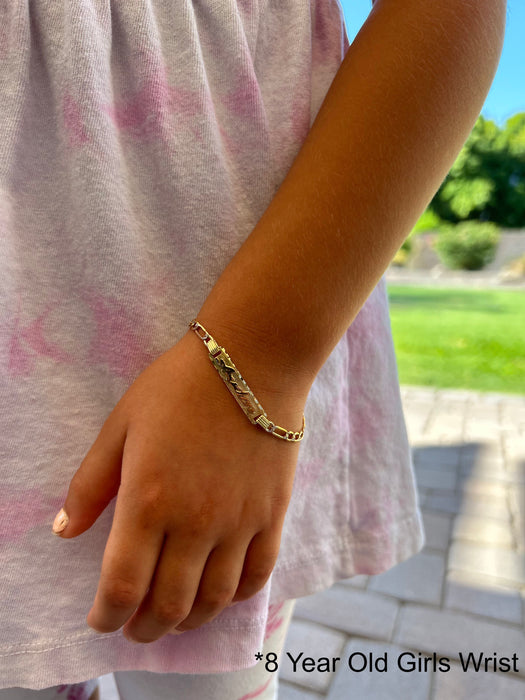 Gold Baby ID Bracelet 14k – Custom Name Plate - Raised Lettering - Solid Diamond Cut Figaro Chain