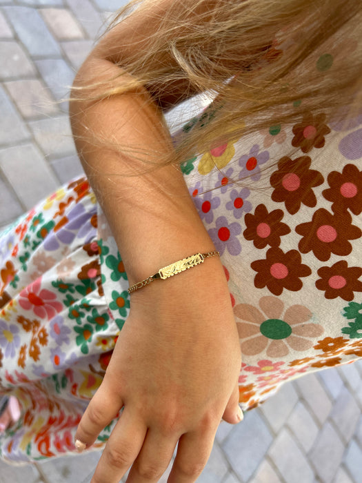 Gold Baby ID Bracelet 14k – Custom Name Plate - Raised Lettering - Solid Figaro Chain