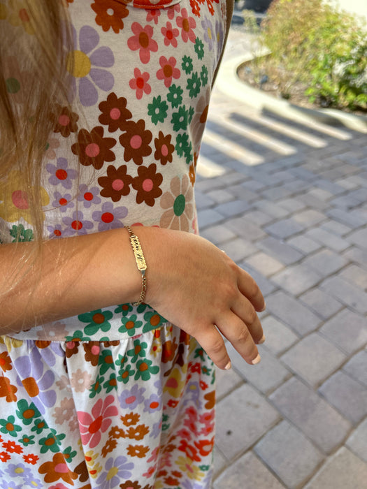 Gold Baby ID Bracelet 14k – Custom Name Plate - Raised Lettering - Solid Figaro Chain