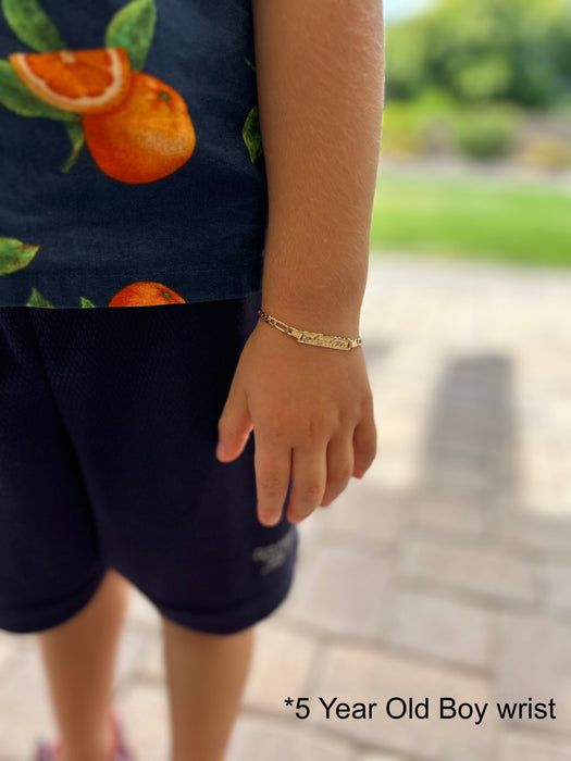 Gold Baby ID Bracelet 14k – Custom Name Plate - Raised Lettering - Solid Diamond Cut Figaro Chain