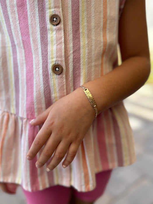 Gold Baby ID Bracelet 14k – Custom Name Plate - Raised Lettering - Solid TriColor Valentino Chain