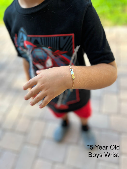 Gold Baby ID Bracelet 14k – Custom Name Plate with Evil Eye - Raised Lettering - Hollow Figaro Chain