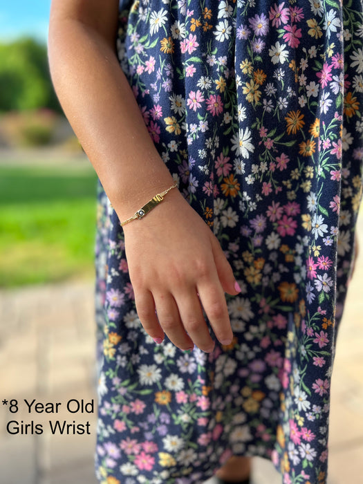 Gold Baby ID Bracelet 14k – Custom Name Plate with Evil Eye - Raised Lettering - Hollow Figaro Chain
