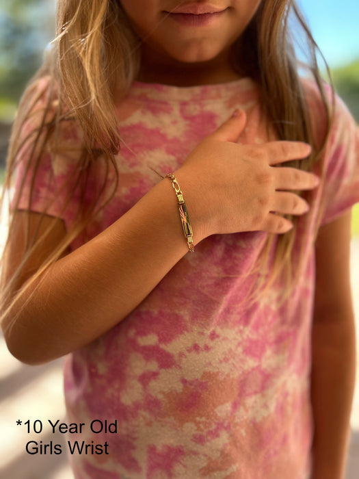 Gold Baby ID Bracelet 14k – Custom Name Plate - Raised Lettering - Solid Figaro Chain