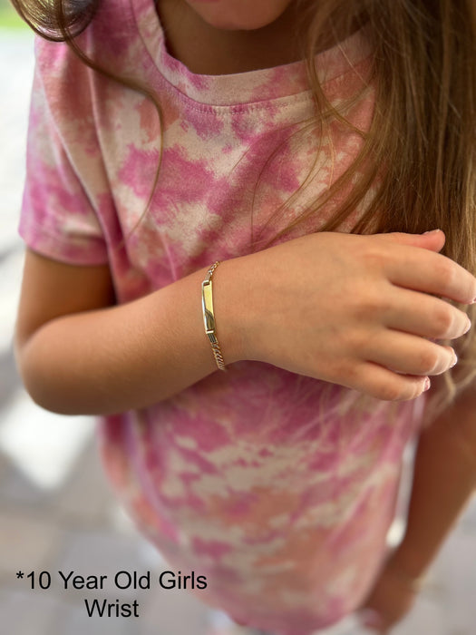 Gold Baby ID Bracelet 14k – Custom Name Plate - Raised Lettering - Diamond Cut Cuban Link Chain
