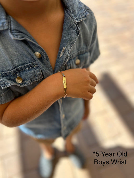 Gold Baby ID Bracelet 14k – Custom Name Plate - Raised Lettering - Solid Figaro Chain