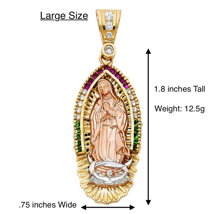 14k Gold Virgin Mary Necklace - XLarge Tri Tone Red White Green Gemstone Virgin Mary Gold Pendant - Solid Chain - LE1070