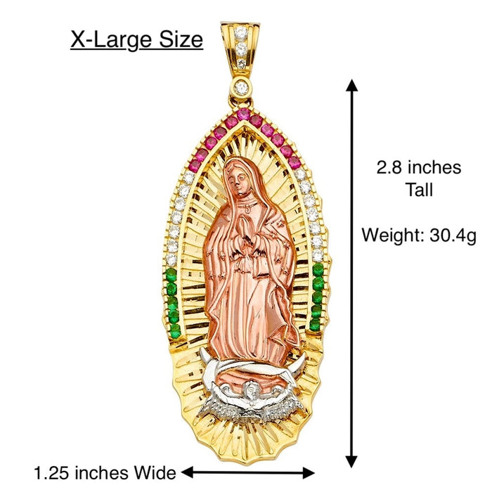 14k Gold Virgin Mary Necklace - XLarge Tri Tone Red White Green Gemstone Virgin Mary Gold Pendant - Solid Chain - LE1070