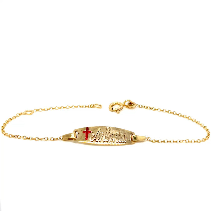Gold Baby ID Bracelet 14k – Custom Name Plate with Cross - Raised Lettering - Solid Rolo Chain