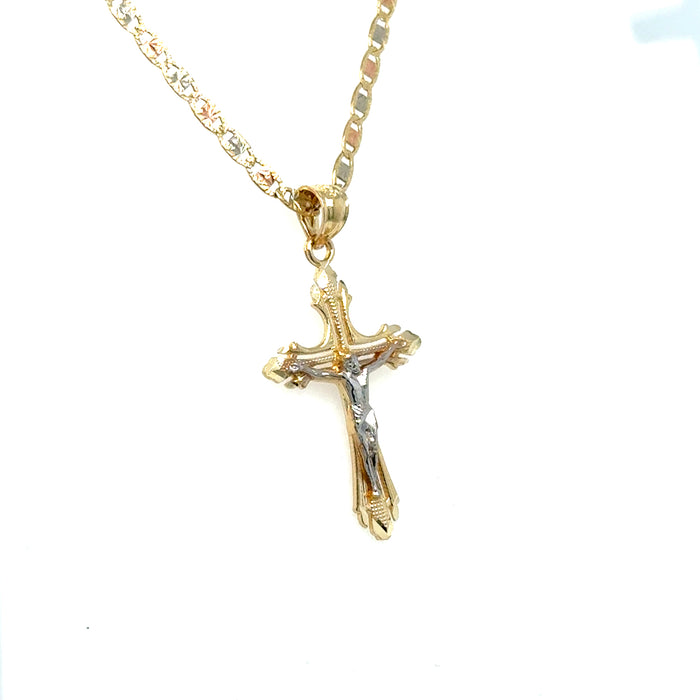 14k Gold Cross Necklace - Two Tone Diamond Cut Gold Crucifix - Solid Chain - LE0075