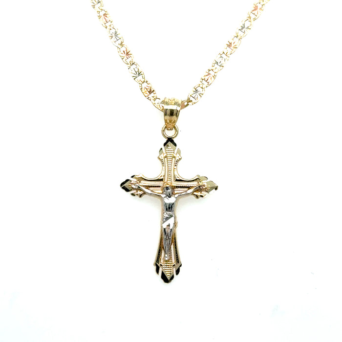 14k Gold Cross Necklace - Two Tone Diamond Cut Gold Crucifix - Solid Chain - LE0075