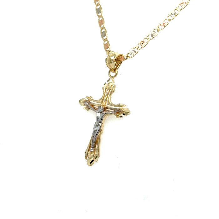 14k Gold Cross Necklace - Two Tone Diamond Cut Gold Crucifix - Solid Chain - LE0075