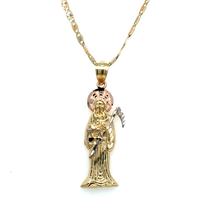 14k Gold Santa Muerte Necklace - Tri Tone Diamond Cut Santa Muerte Gold Pendant - Solid Chain - LE0097