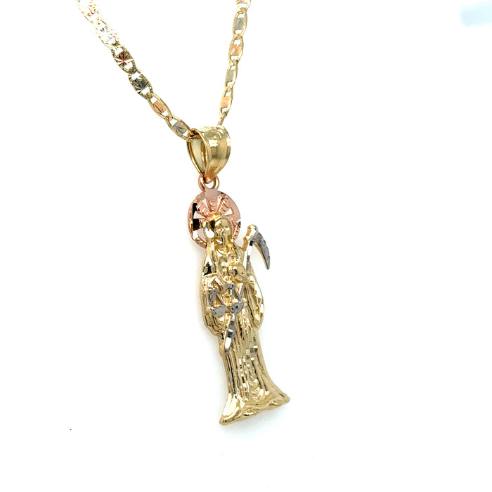 14k Gold Santa Muerte Necklace - Tri Tone Diamond Cut Santa Muerte Gold Pendant - Solid Chain - LE0097