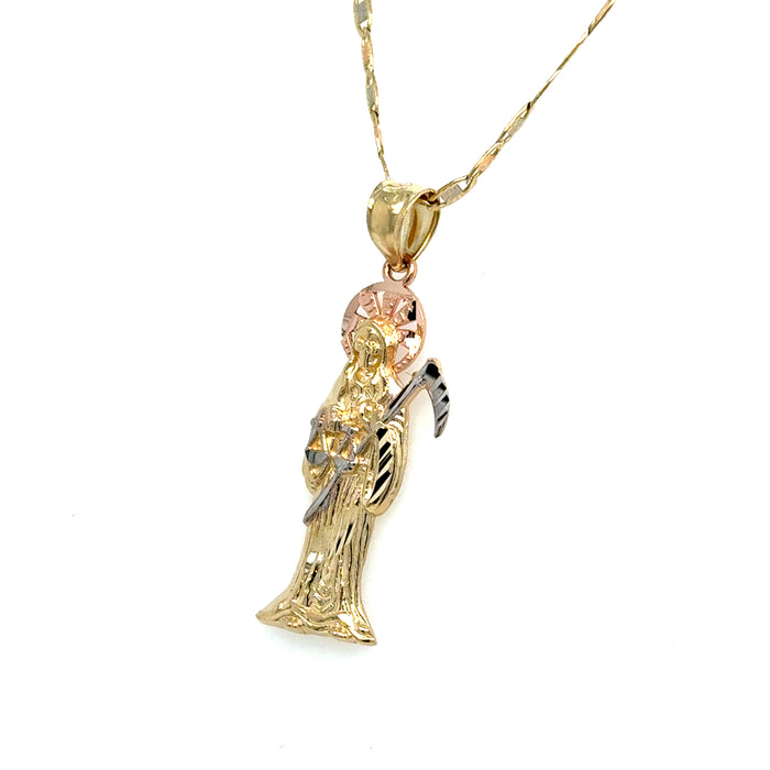 14k Gold Santa Muerte Necklace - Tri Tone Diamond Cut Santa Muerte Gold Pendant - Solid Chain - LE0097
