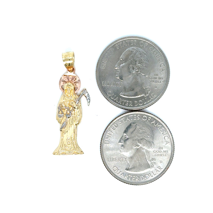 14k Gold Santa Muerte Necklace - Tri Tone Diamond Cut Santa Muerte Gold Pendant - Solid Chain - LE0097
