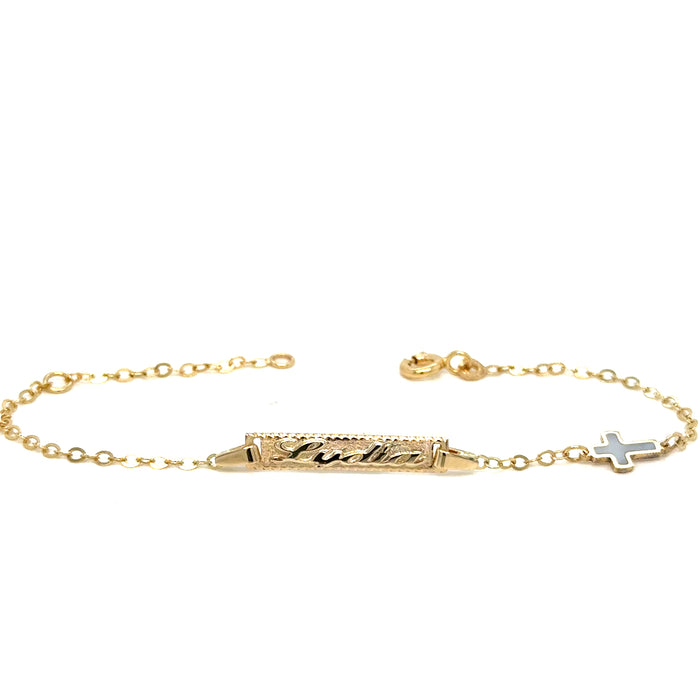Gold Baby ID Bracelet 14k – Custom Name Plate with Cross - Raised Lettering - Solid Rolo Chain