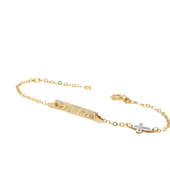 Gold Baby ID Bracelet 14k – Custom Name Plate with Cross - Raised Lettering - Solid Rolo Chain