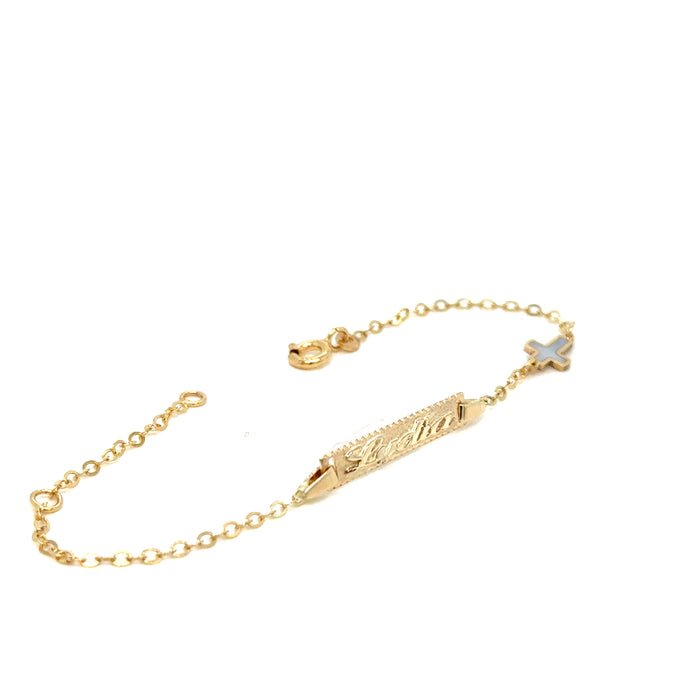 Gold Baby ID Bracelet 14k – Custom Name Plate with Cross - Raised Lettering - Solid Rolo Chain