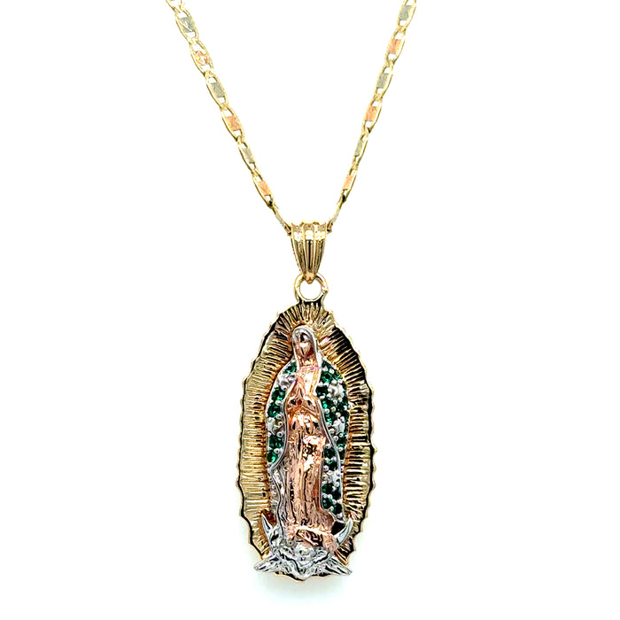 14k Gold Virgin Mary Necklace - Tri Tone Green Gemstone Cloak Virgin Mary Gold Pendant - Solid Chain - LE3179