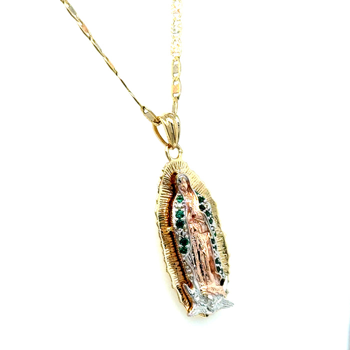 14k Gold Virgin Mary Necklace - Tri Tone Green Gemstone Cloak Virgin Mary Gold Pendant - Solid Chain - LE3179