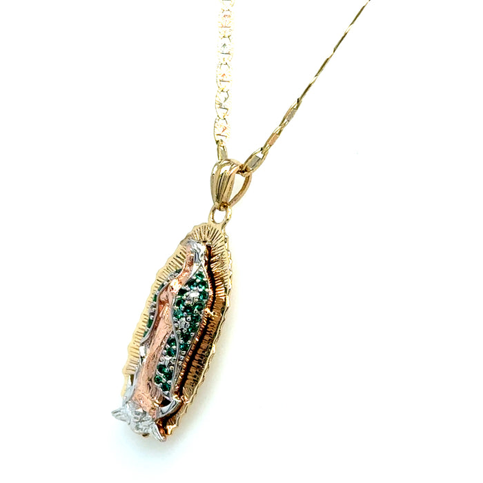 14k Gold Virgin Mary Necklace - Tri Tone Green Gemstone Cloak Virgin Mary Gold Pendant - Solid Chain - LE3179