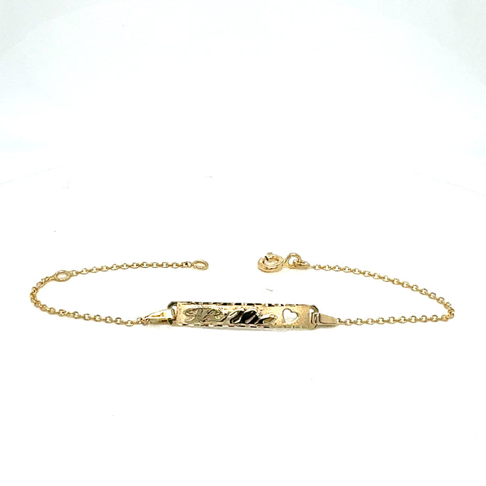 Gold Baby ID Bracelet 14k – Custom Name Plate with Heart Cutout - Raised Lettering - Solid Rolo Chain