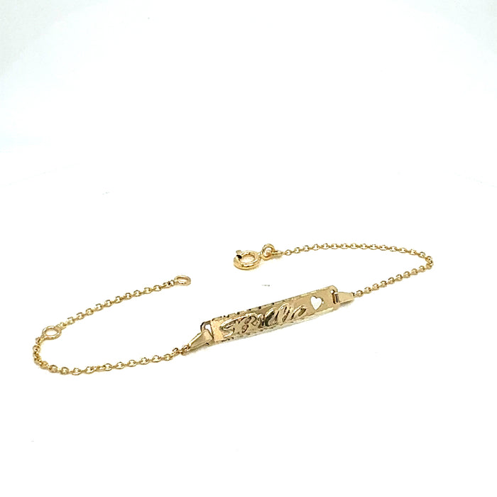 Gold Baby ID Bracelet 14k – Custom Name Plate with Heart Cutout - Raised Lettering - Solid Rolo Chain