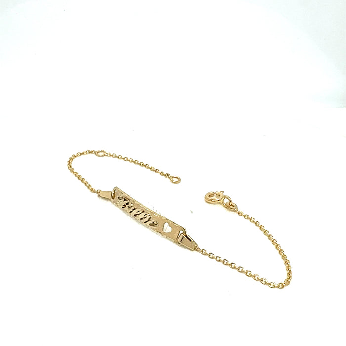 Gold Baby ID Bracelet 14k – Custom Name Plate with Heart Cutout - Raised Lettering - Solid Rolo Chain
