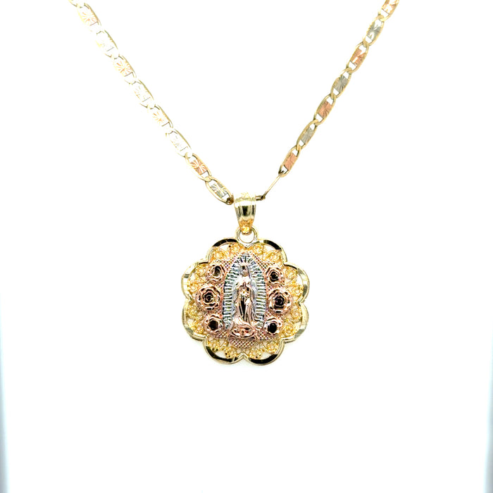 14k Gold Virgin Mary Necklace - Tri Tone Roses Virgin Mary Gold Pendant - Solid Chain - LE1107