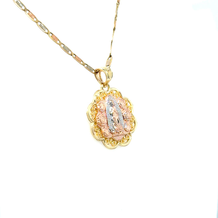 14k Gold Virgin Mary Necklace - Tri Tone Roses Virgin Mary Gold Pendant - Solid Chain - LE1107