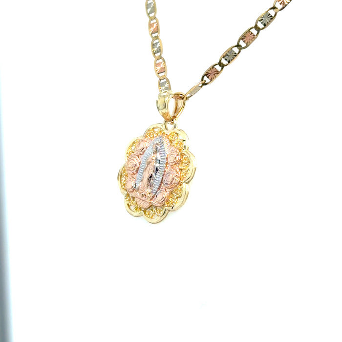 14k Gold Virgin Mary Necklace - Tri Tone Roses Virgin Mary Gold Pendant - Solid Chain - LE1107