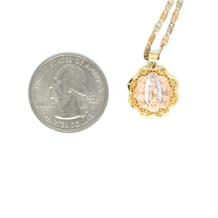 14k Gold Virgin Mary Necklace - Tri Tone Roses Virgin Mary Gold Pendant - Solid Chain - LE1107