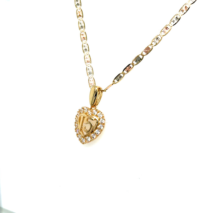 14k Quince Gold Necklace - Gemstone Heart 15 Gold Pendant - Solid Chain - LE0366