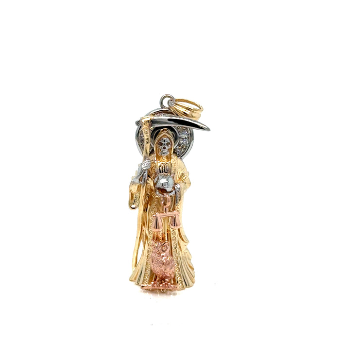 14k Gold Santa Muerte Necklace - 3D Full Body Gemstone Halo Santa Muerte Gold Pendant - Solid Chain - LE3010